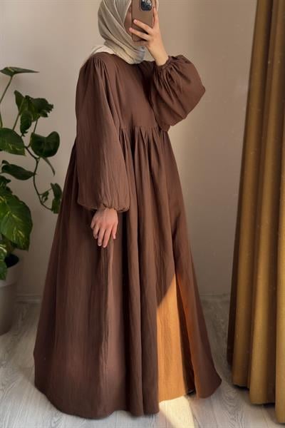 Classic Müslin Elbise - Kahve