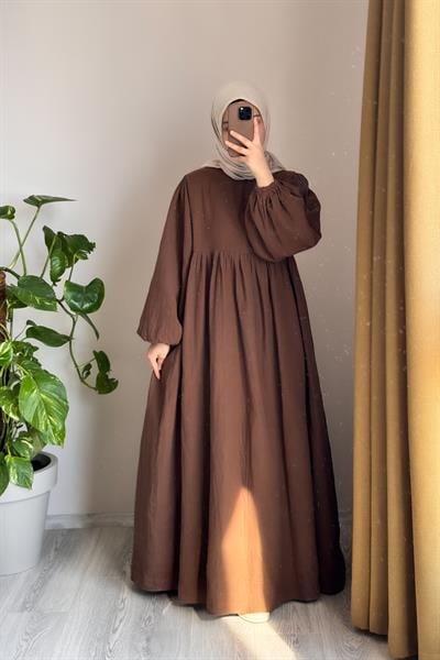 Classic Müslin Elbise - Kahve