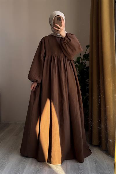Classic Müslin Elbise - Kahve