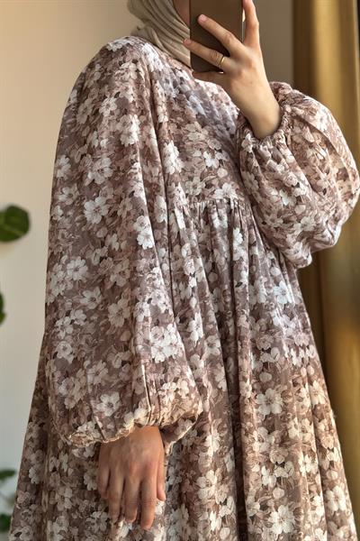Classic Müslin Elbise - Kahve desen