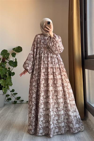 Classic Müslin Elbise - Kahve desen