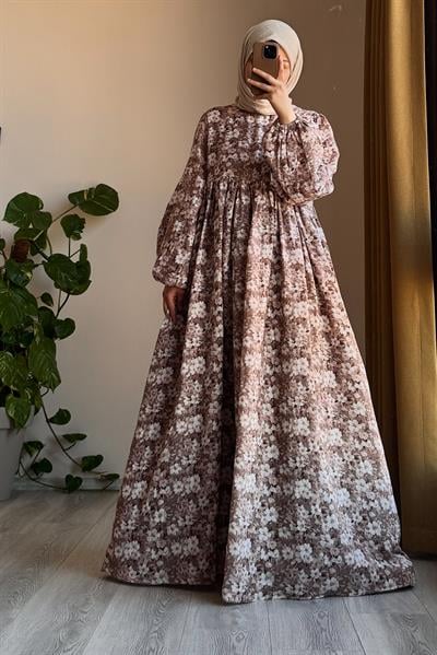 Classic Müslin Elbise - Kahve desen