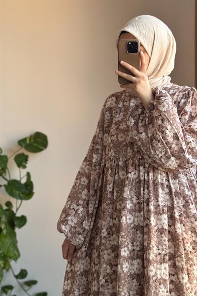 Classic Müslin Elbise - Kahve desen