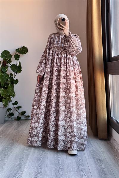 Classic Müslin Elbise - Kahve desen