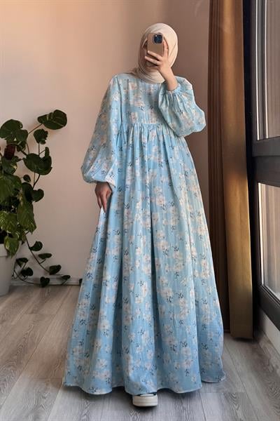 Classic Müslin Elbise - Mavi desen