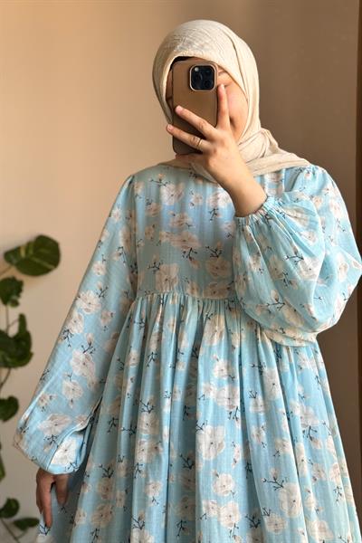 Classic Müslin Elbise - Mavi desen