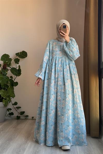 Classic Müslin Elbise - Mavi desen