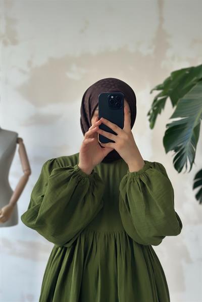 Classic Müslin Elbise - Orman yeşil