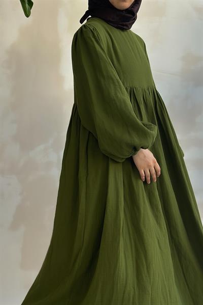 Classic Müslin Elbise - Orman yeşil