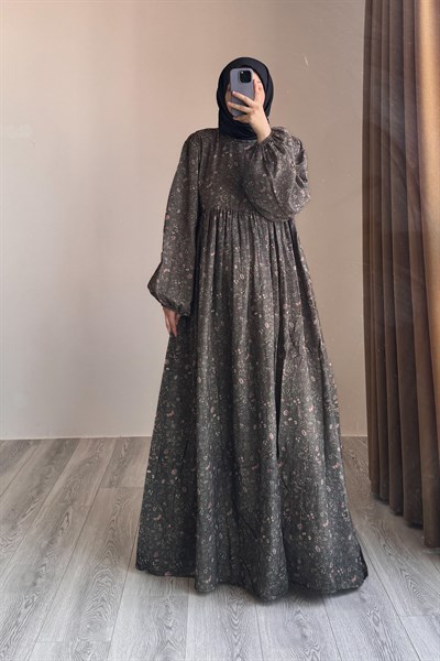 Classic Müslin Elbise - Siyah Çiçek