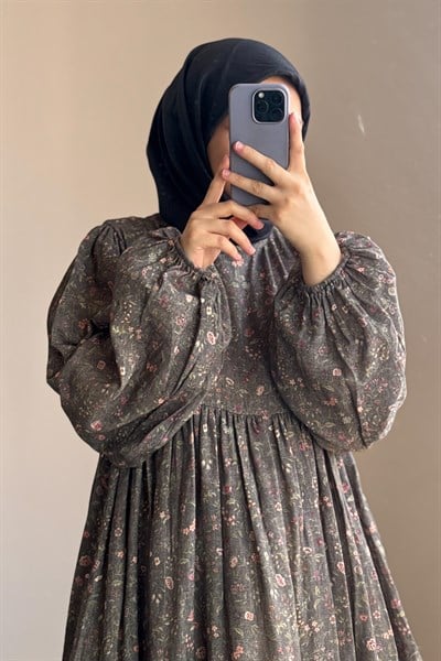 Classic Müslin Elbise - Siyah Çiçek