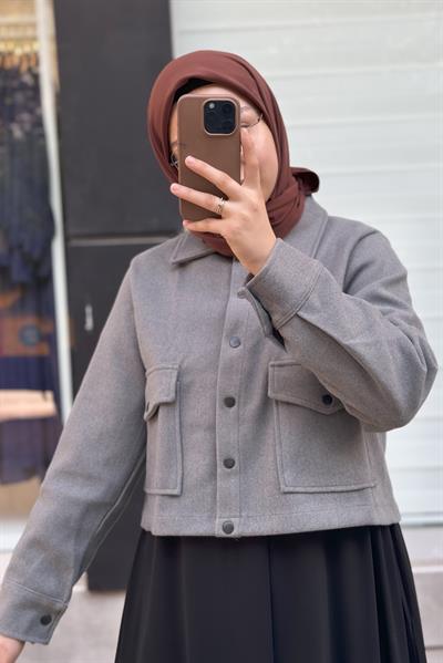Crop Kaşe Ceket - Gri
