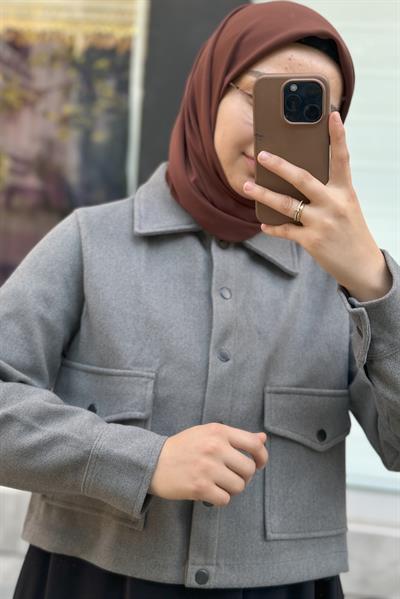 Crop Kaşe Ceket - Gri