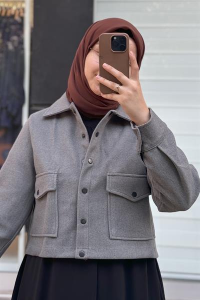 Crop Kaşe Ceket - Gri