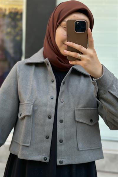 Crop Kaşe Ceket - Gri
