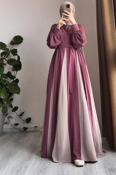 Dilim Garni Elbise - Gül kurusu/ Bej