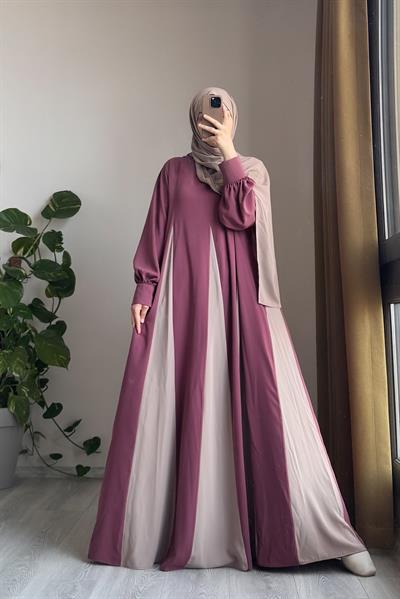 Dilim Garni Elbise - Gül kurusu/ Bej