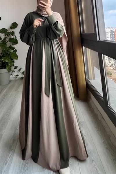 Dilim Garni Elbise - Haki/ Bej