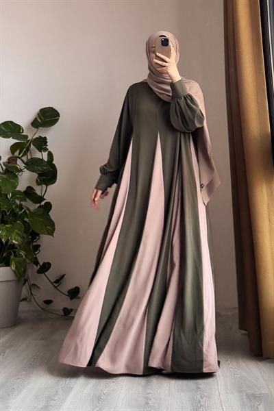 Dilim Garni Elbise - Haki/ Bej