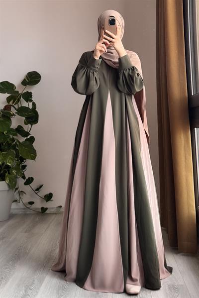 Dilim Garni Elbise - Haki/ Bej