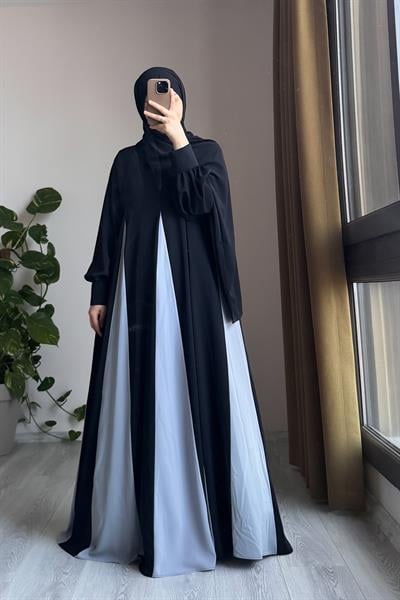 Dilim Garni Elbise - Siyah/ Açık gri