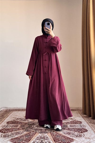 Düğme Detaylı Modal Takım - Bordo