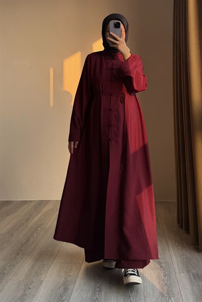 Düğme Detaylı Pantolonlu Takım - Bordo