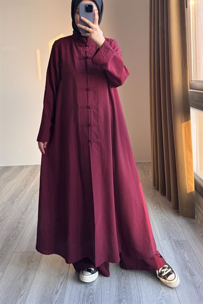 Düğme Detaylı Pantolonlu Takım - Bordo