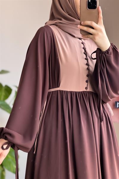 Düğmeli Garni Elbise - Acı kahve/ Vizon