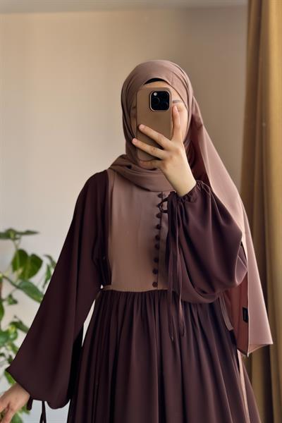 Düğmeli Garni Elbise - Acı kahve/ Vizon