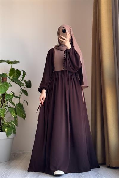 Düğmeli Garni Elbise - Acı kahve/ Vizon