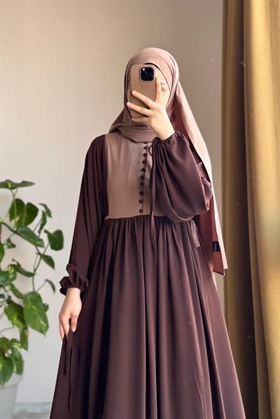 Düğmeli Garni Elbise - Acı kahve/ Vizon