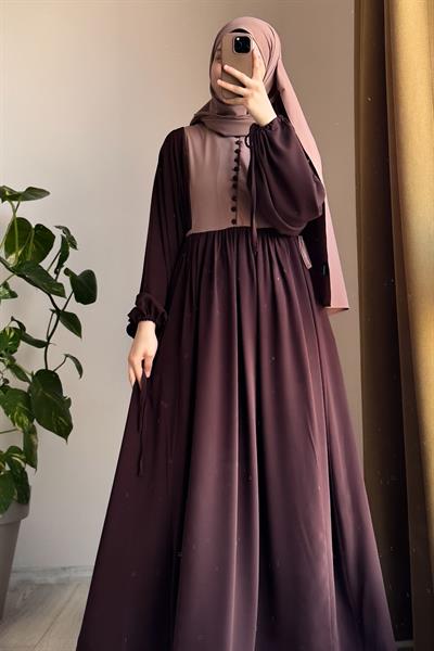 Düğmeli Garni Elbise - Acı kahve/ Vizon