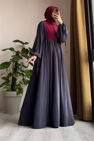 Düğmeli Garni Elbise - Antrasit/ Bordo