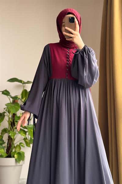 Düğmeli Garni Elbise - Antrasit/ Bordo