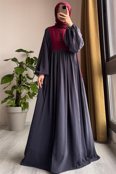 Düğmeli Garni Elbise - Antrasit/ Bordo