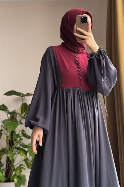 Düğmeli Garni Elbise - Antrasit/ Bordo