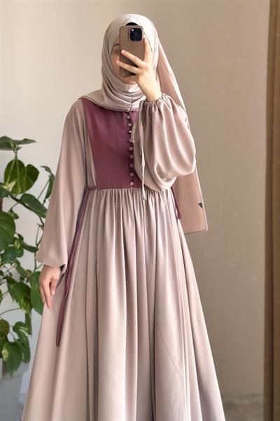 Düğmeli Garni Elbise - Bej/ Gül kurusu