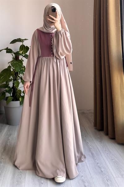 Düğmeli Garni Elbise - Bej/ Gül kurusu