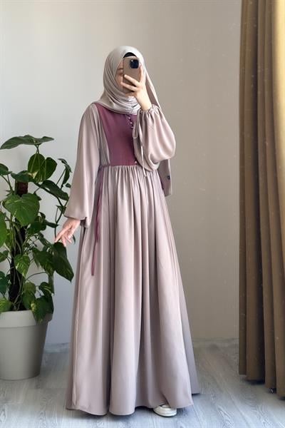 Düğmeli Garni Elbise - Bej/ Gül kurusu