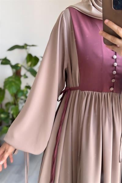 Düğmeli Garni Elbise - Bej/ Gül kurusu