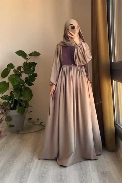 Düğmeli Garni Elbise - Bej/ Leylak