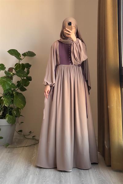 Düğmeli Garni Elbise - Bej/ Leylak