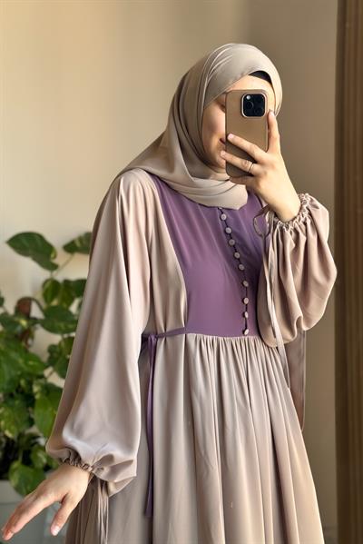 Düğmeli Garni Elbise - Bej/ Leylak