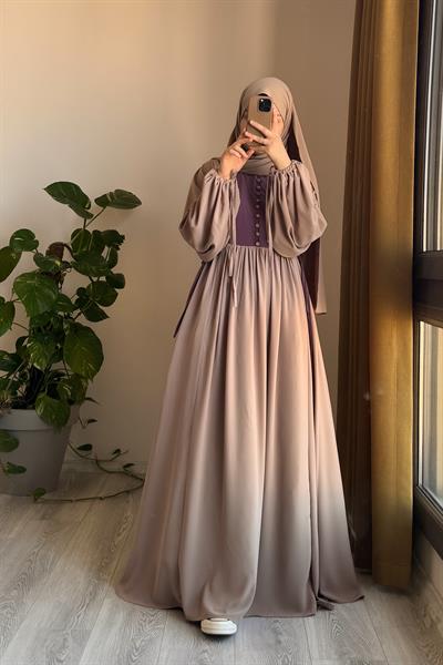 Düğmeli Garni Elbise - Bej/ Leylak