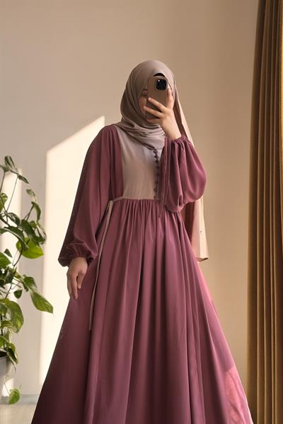 Düğmeli Garni Elbise - Gül kurusu/ Bej