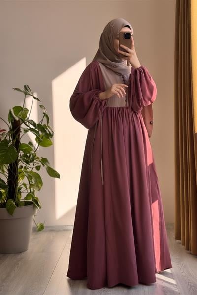 Düğmeli Garni Elbise - Gül kurusu/ Bej