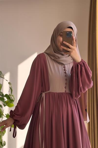 Düğmeli Garni Elbise - Gül kurusu/ Bej