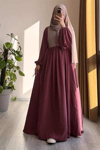 Düğmeli Garni Elbise - Gül kurusu/ Bej