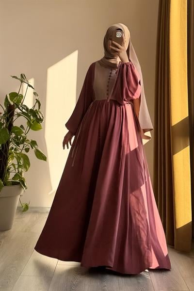 Düğmeli Garni Elbise - Gül kurusu/ Bej